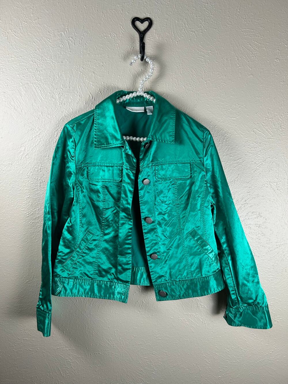 Chicos Size 0 US Small Jacket Metallic Shiny Green Button Front Coat TINY FLAW
